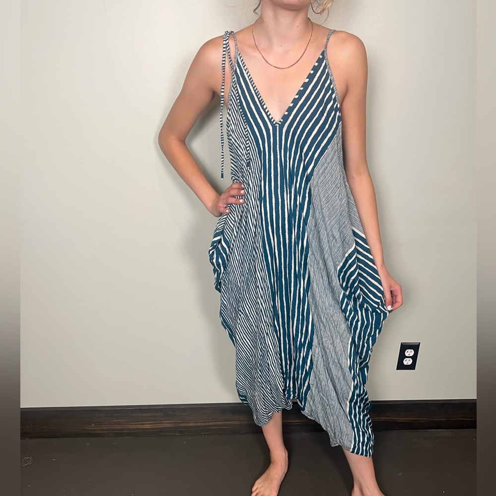 One Size Blue Striped no waist Jumpsuit with Shoulder Ties and elastic on legs